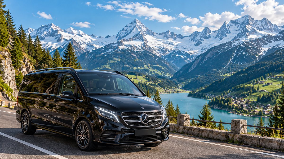 Black Mercedes V-Class on an Alpine road above a lake with snow-capped mountains