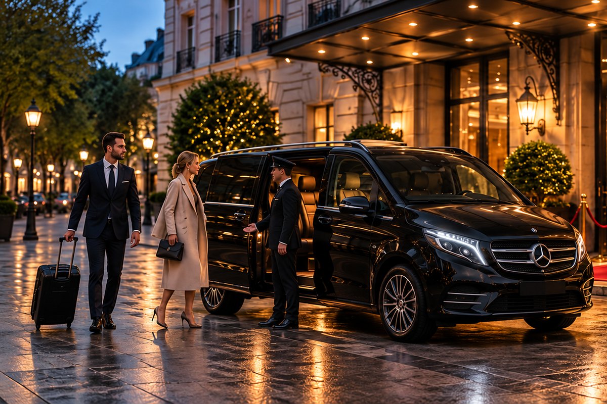 Black Mercedes V-Class arriving at a Paris hotel entrance in the evening